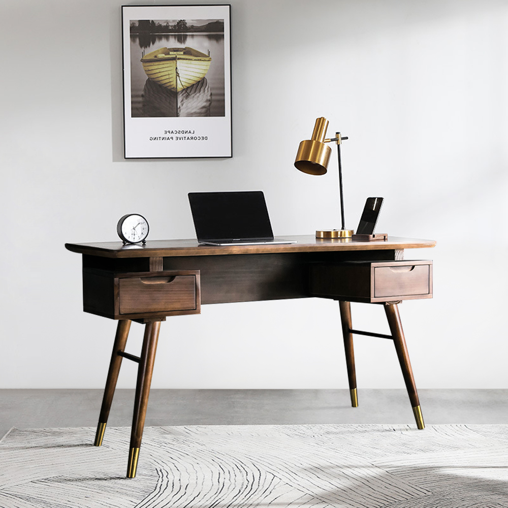 Image of 59.1" Modern Walnut Office Desk Wooden Writng Desk with 2 Drawers in Gold Finish