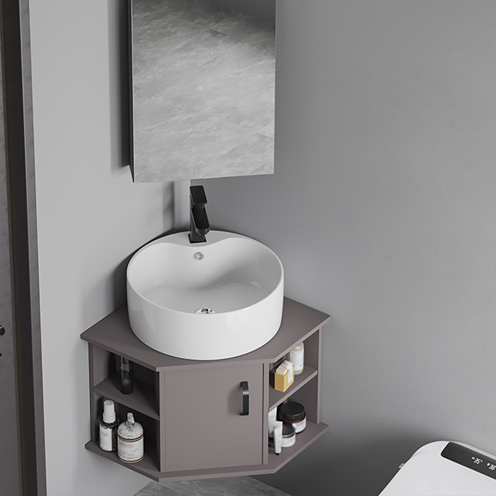 20" Gray Floating Small Corner Bathroom Vanity with Ceramics Single Vessel Sink