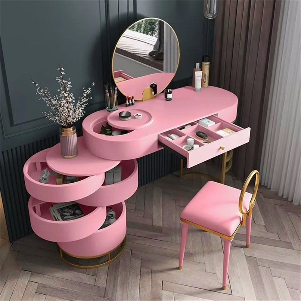 Pink Girls Makeup Vanity Set with Side Cabinet 4 Drawers Dressing Table Mirror & Chair