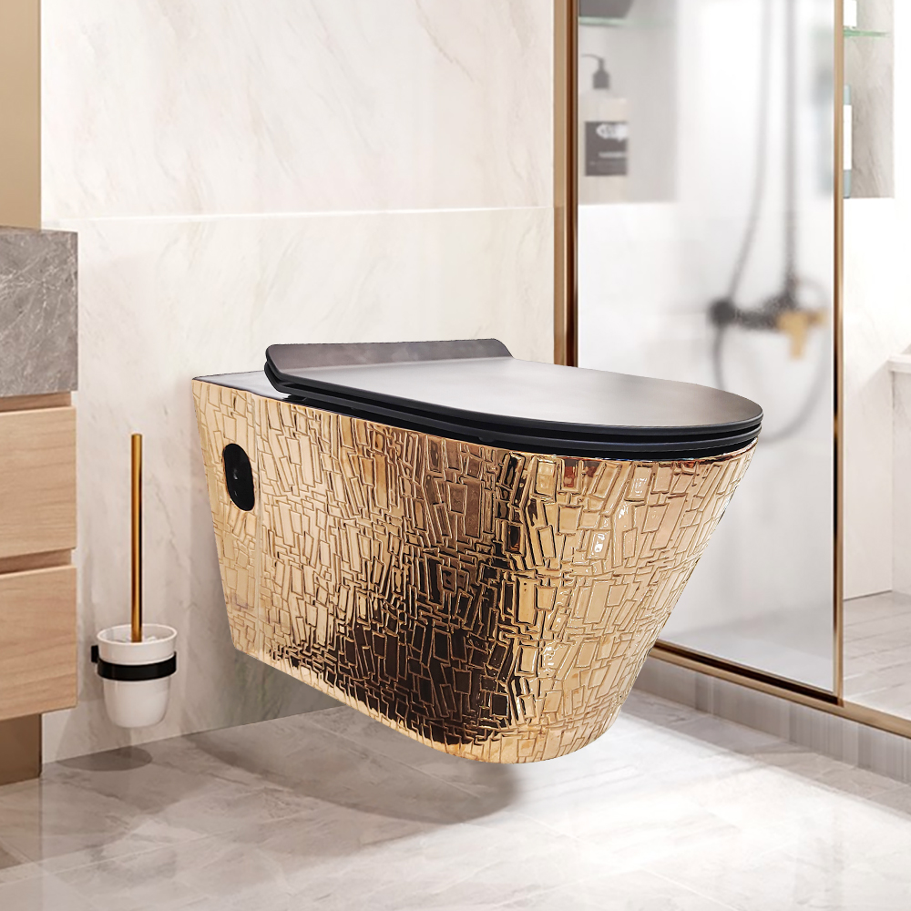 Luxury Round Wall-Mounted Toilet Rimless Flushing Ceramic Space-Saving in Rose Gold 