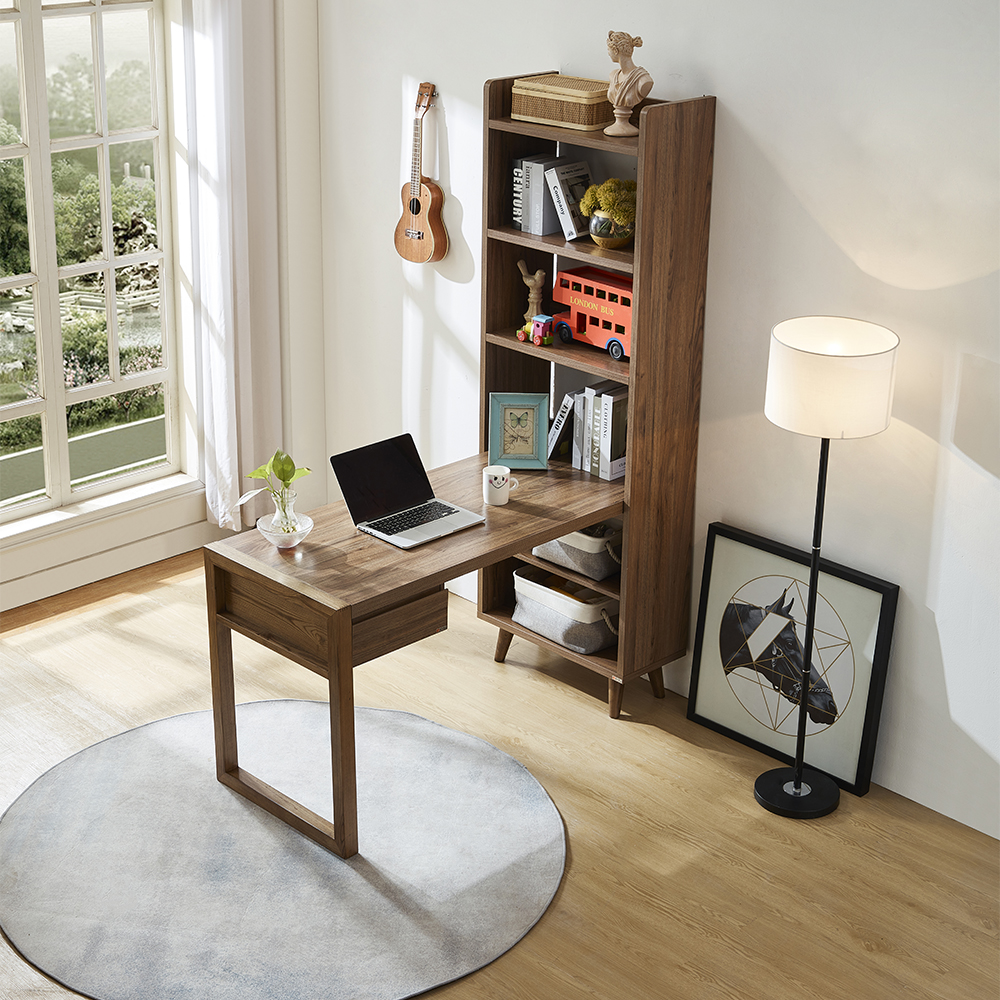 Image of 53.1" Modern Walnut Reversible L-Shaped Desk Office Desk with Shelves & 1 Drawer