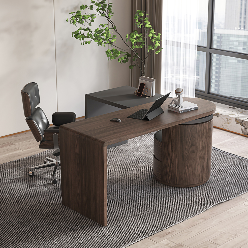 Modern L Shaped Desk in Walnut with 1 Cabinet & 2 Drawers 60 Inch Executive Office Desk