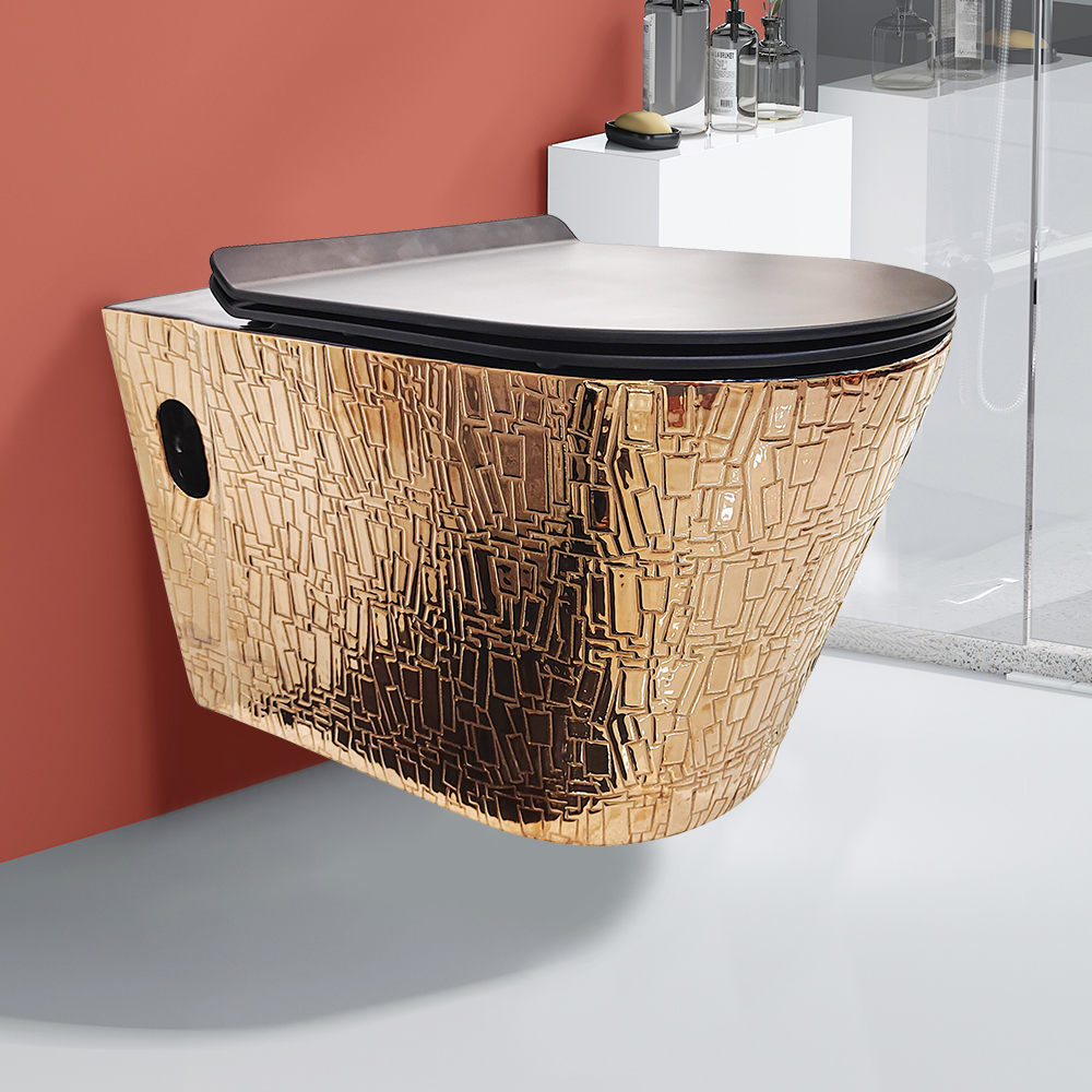 Luxury Round Wall-Mounted Toilet Rimless Flushing Ceramic Space-Saving in Rose Gold 
