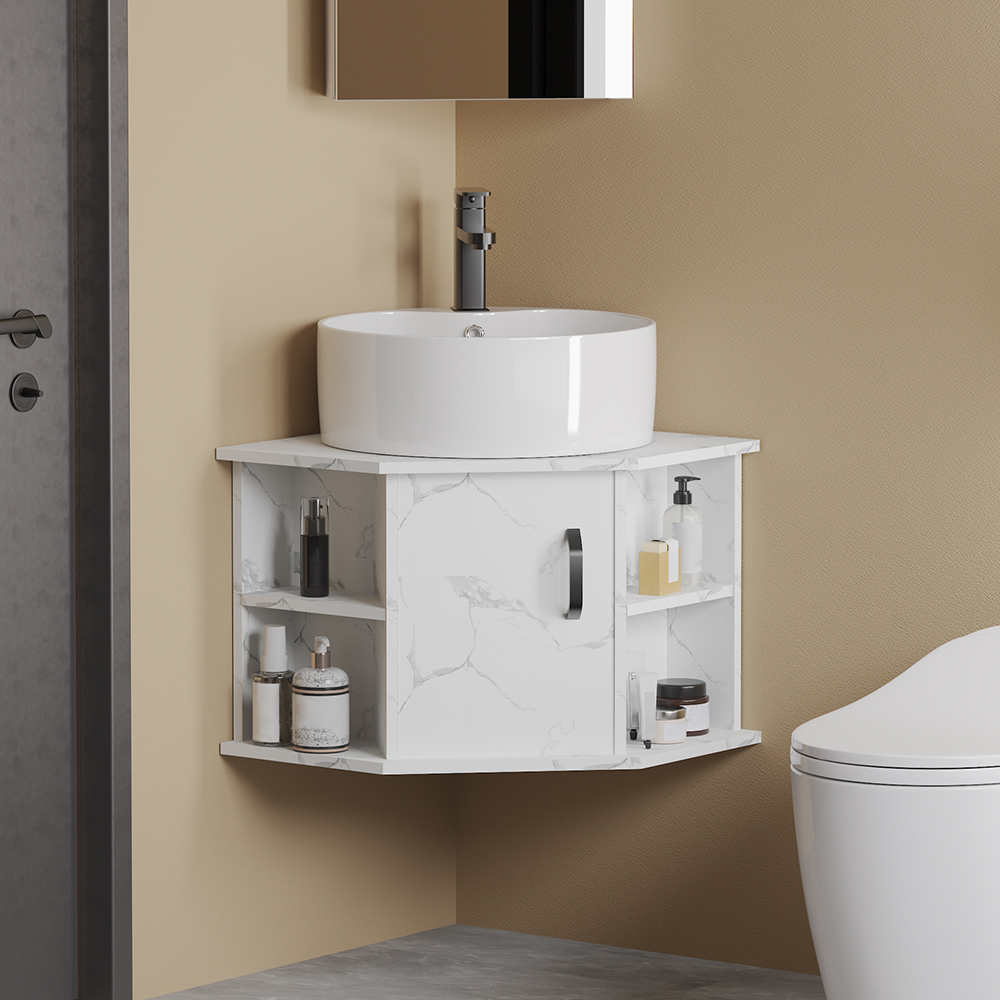 20" White Floating Small Corner Bathroom Vanity with Ceramics Single Vessel Sink
