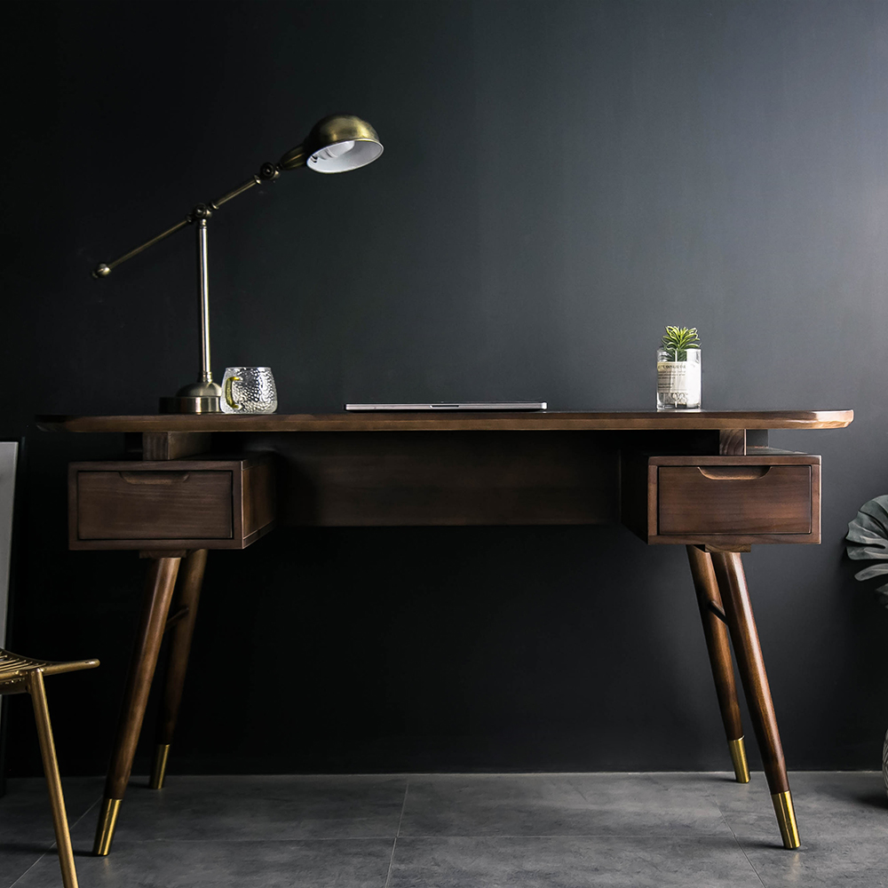 59.1" Modern Walnut Office Desk Wooden Writng Desk with 2 Drawers in Gold Finish