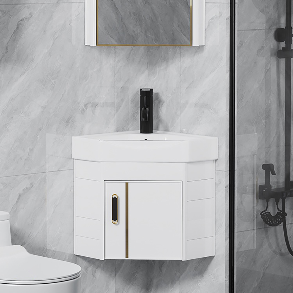 Image of 17" White Floating Small Corner Bathroom Vanity with Ceramics Integral Single Sink