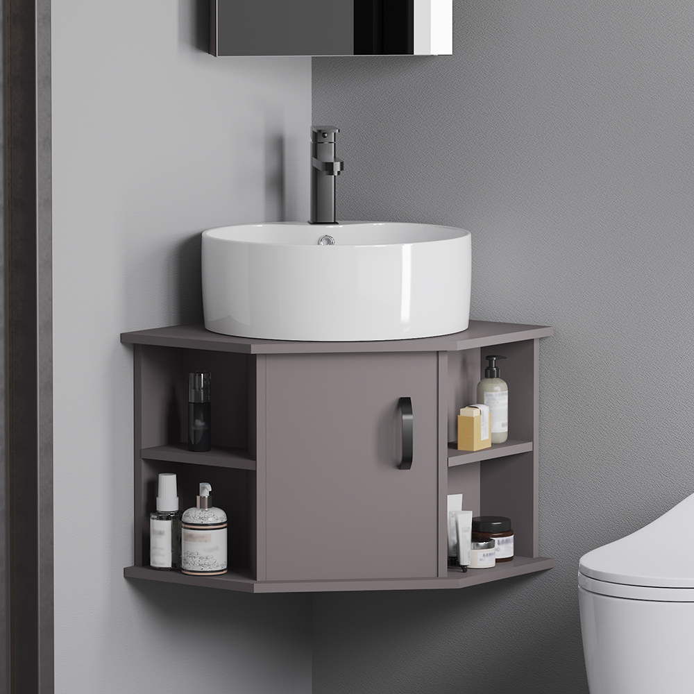 Image of 20" Gray Floating Small Corner Bathroom Vanity with Ceramics Single Vessel Sink