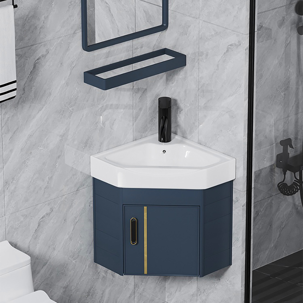 Image of 17" Deep Blue Floating Small Corner Bathroom Vanity with Ceramics Integral Single Sink