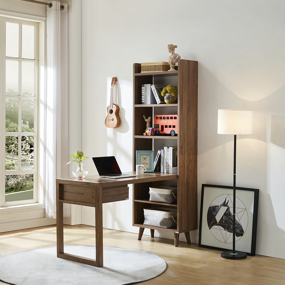 53.1" Modern Walnut Reversible L-Shaped Desk Office Desk with Shelves & 1 Drawer