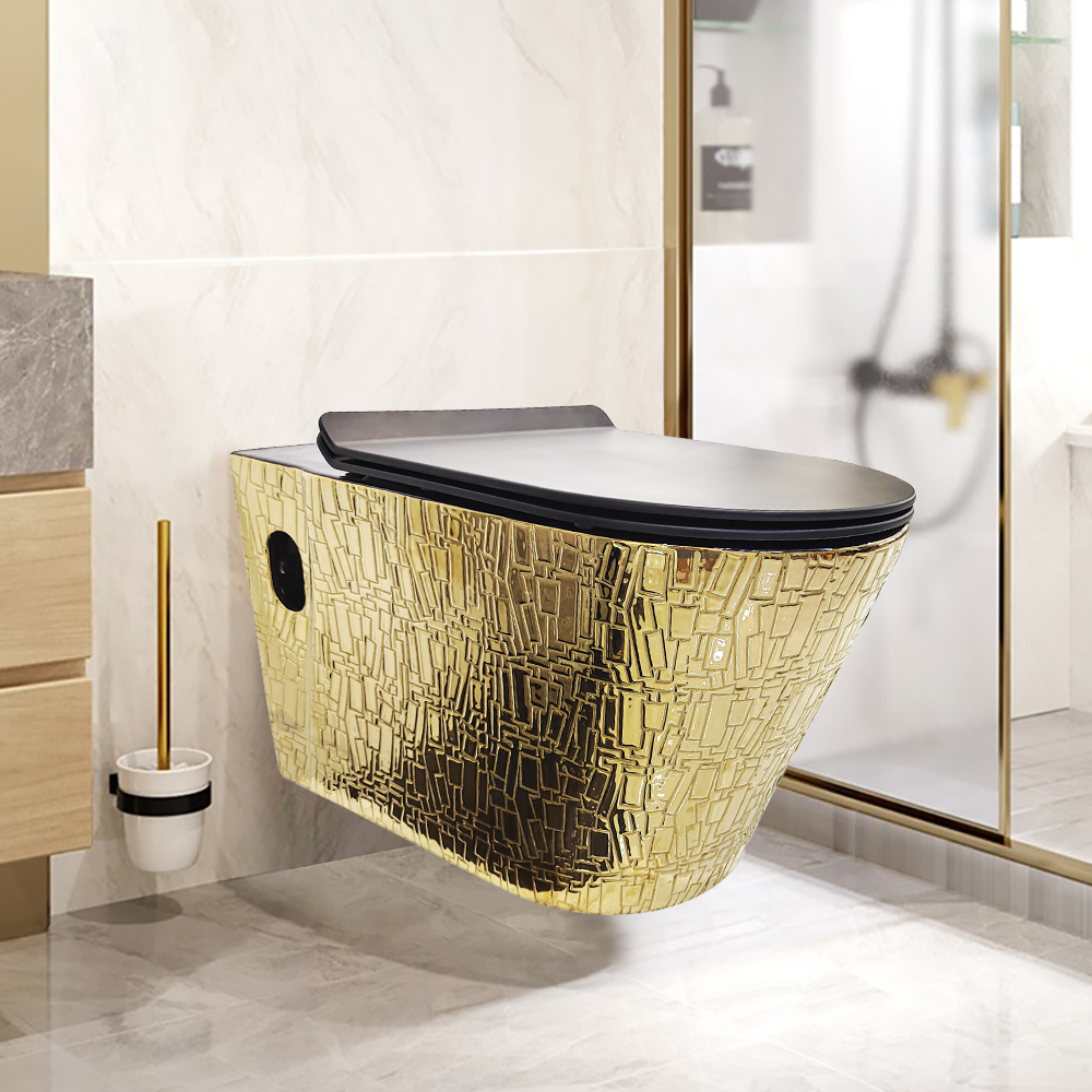 Image of Luxury Round Wall-Mounted Toilet Rimless Flushing Ceramic Space-Saving in Gold