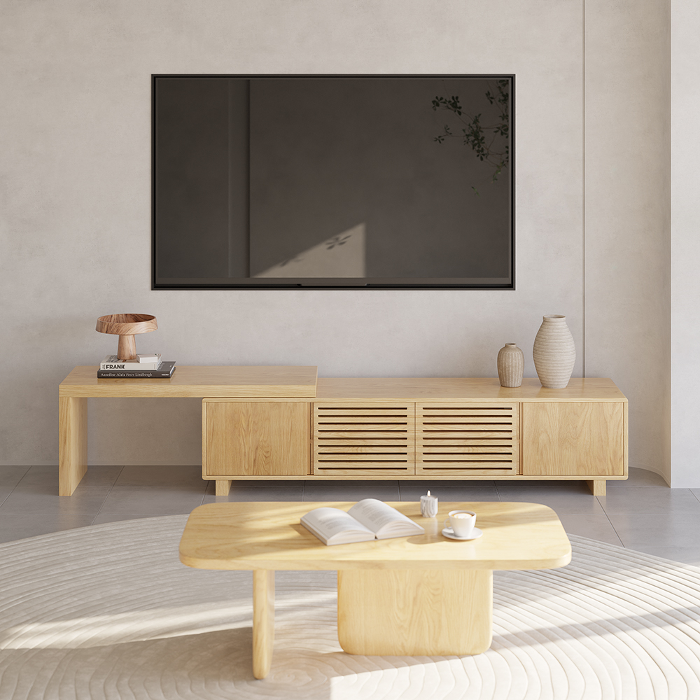 Modern Natural Retracted & Extendable TV Stand with 6 Shelves Up to 85"