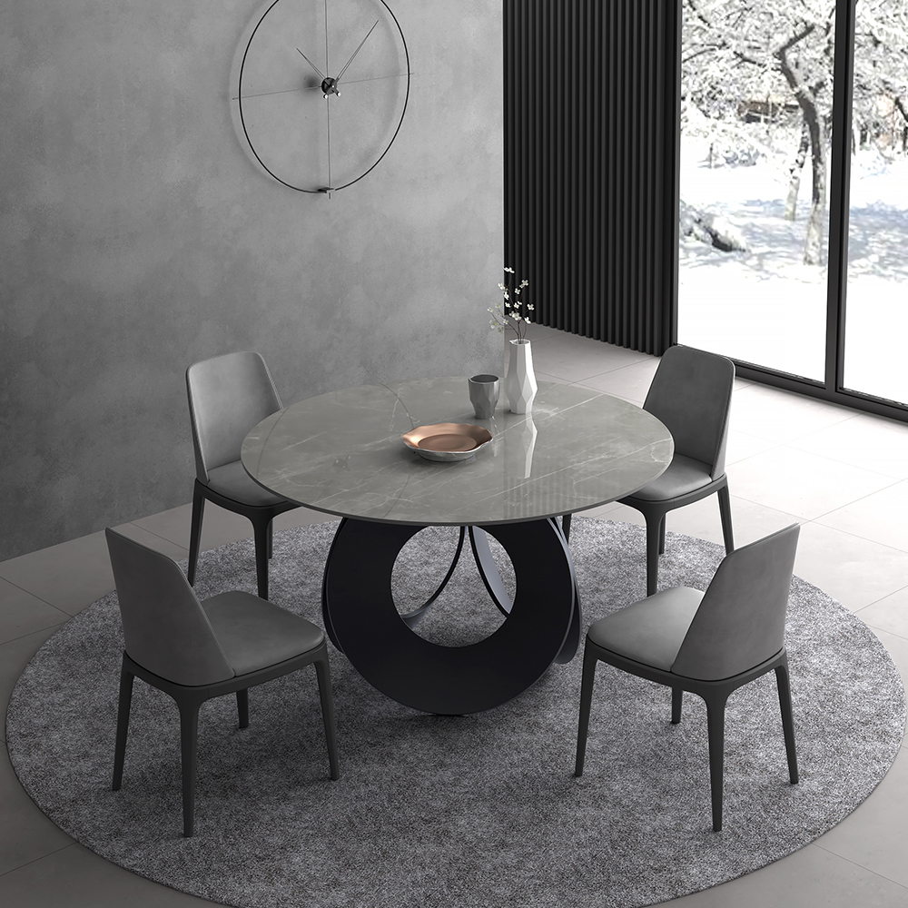 1300mm Round Gray Dining Table with Stone Top & Carbon Steel Base