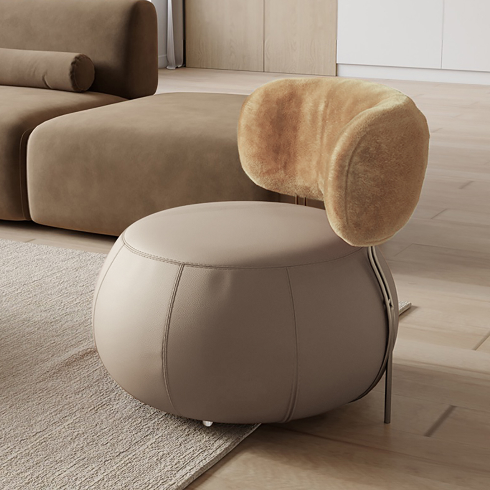 Round Light Brown Accent Chair Boucle & LeathAire Upholstery for