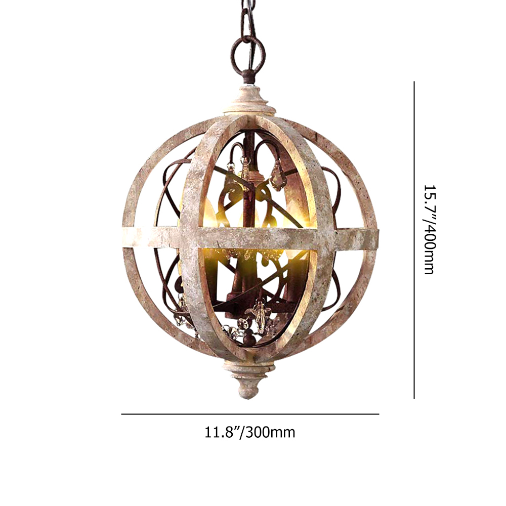 Retro Rustic Weathered Wooden Globe Metal Orb Crystal 3-Light Chandelier Small