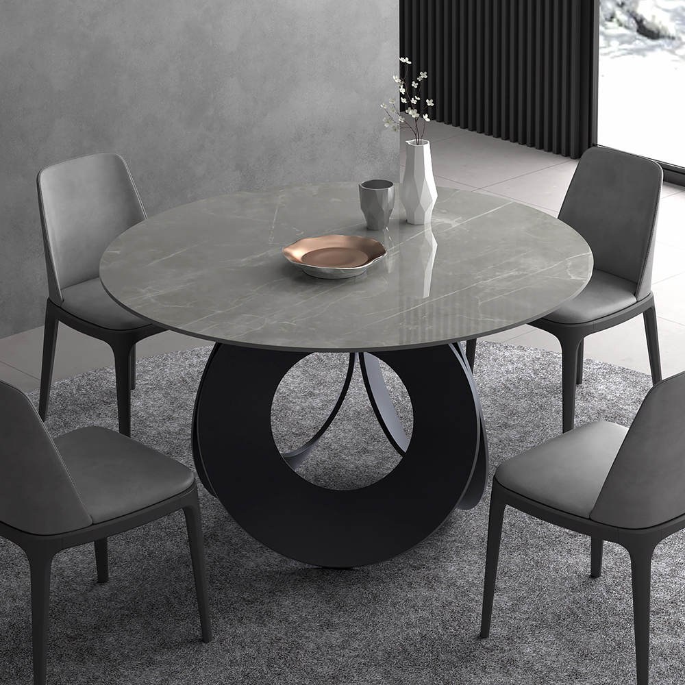 1300mm Round Gray Dining Table with Stone Top & Carbon Steel Base