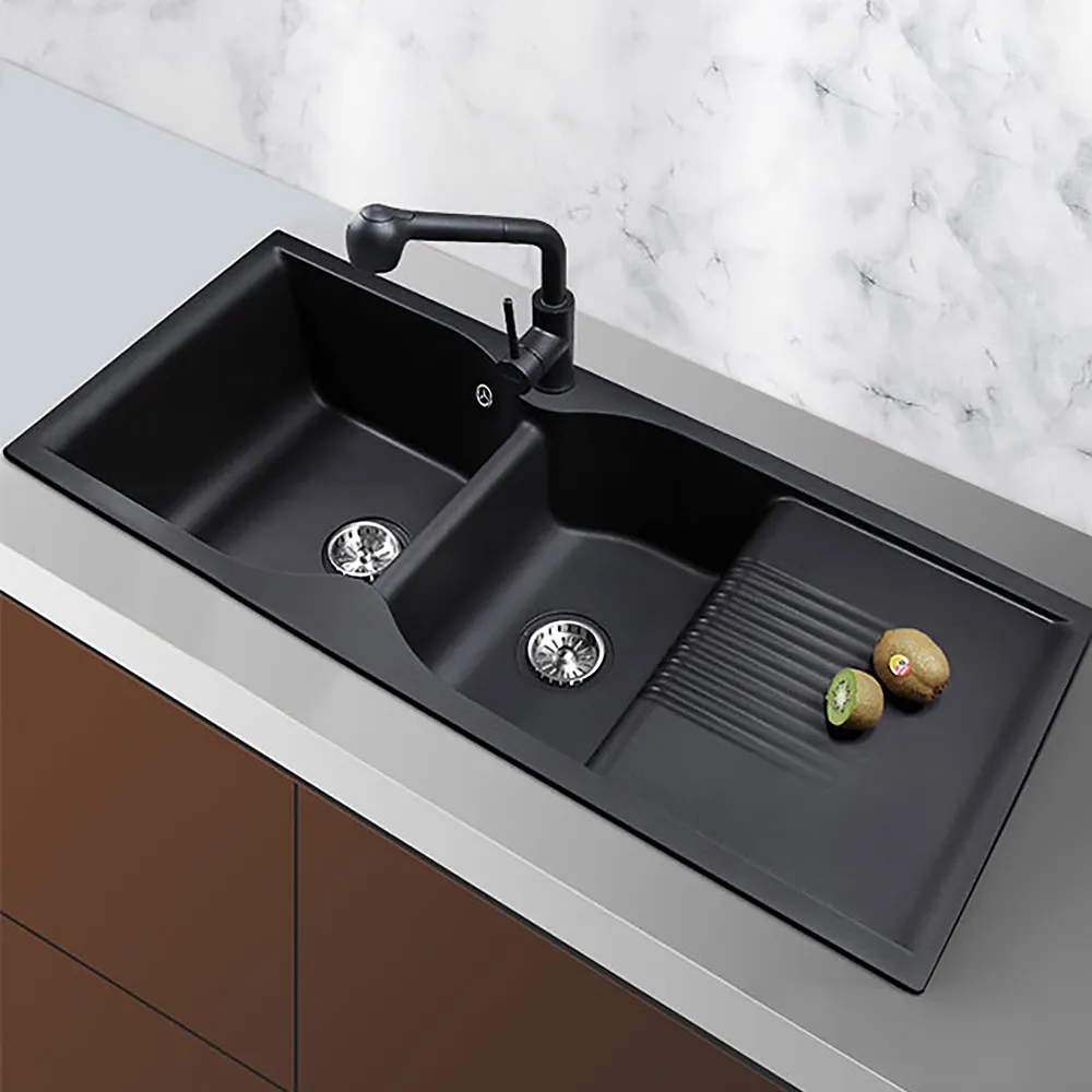 Image of 45" Black Quartz Kitchen Sink Double Bowl Drop-In Sink with Drain Board