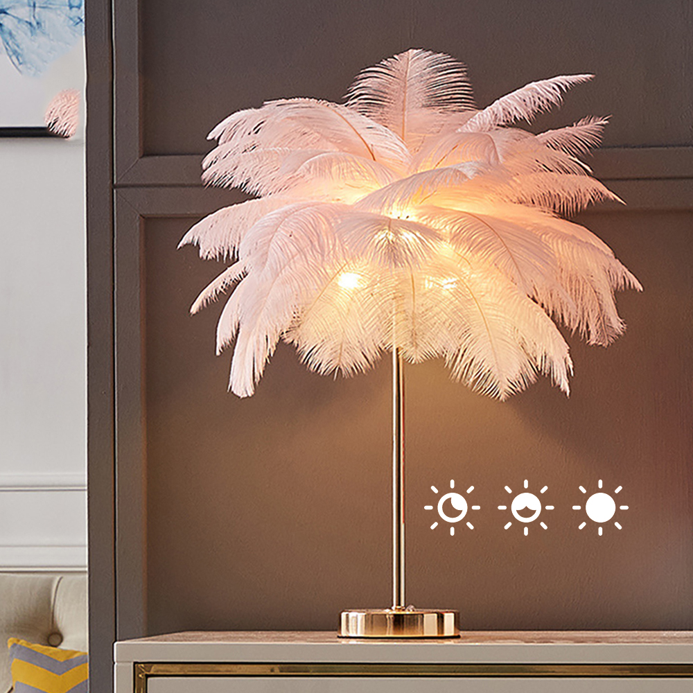 Image of Dimmable Table Lamp Modern Gold Portable Lamp with Pink Feather & USB Charging