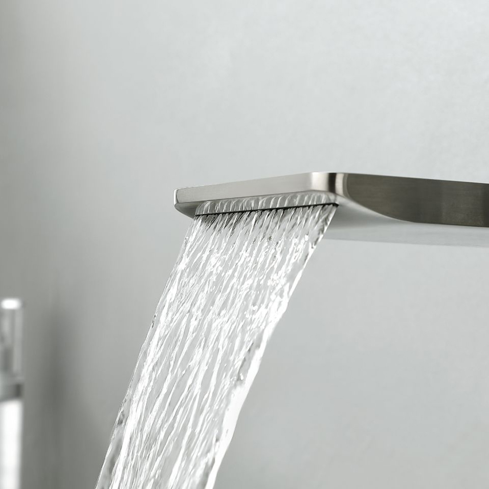 Modern Waterfall Tub Filler Wall Mounted Bathtub Faucet with Handshower Brushed Nickel