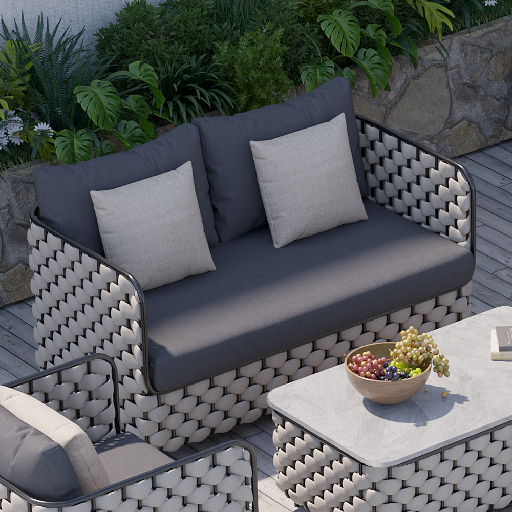 Image of 53.1" Wide Modern Aluminum & Rope Outdoor Loveseat Patio Sofa with Cushions in Gray