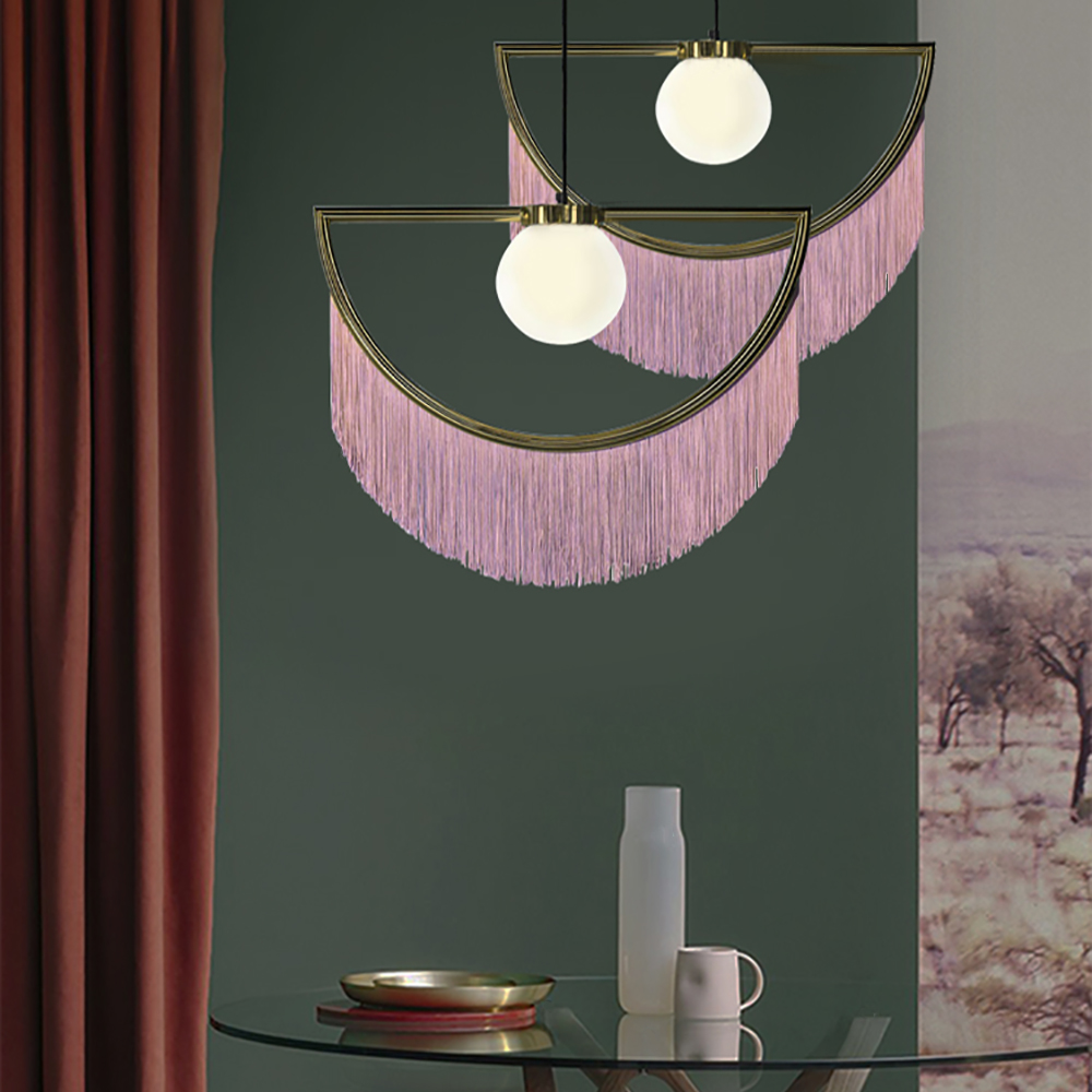 Cressel Stylish Dreamy Pink Tassel Half-Moon Gold Pendant Lamp with Globe Shade