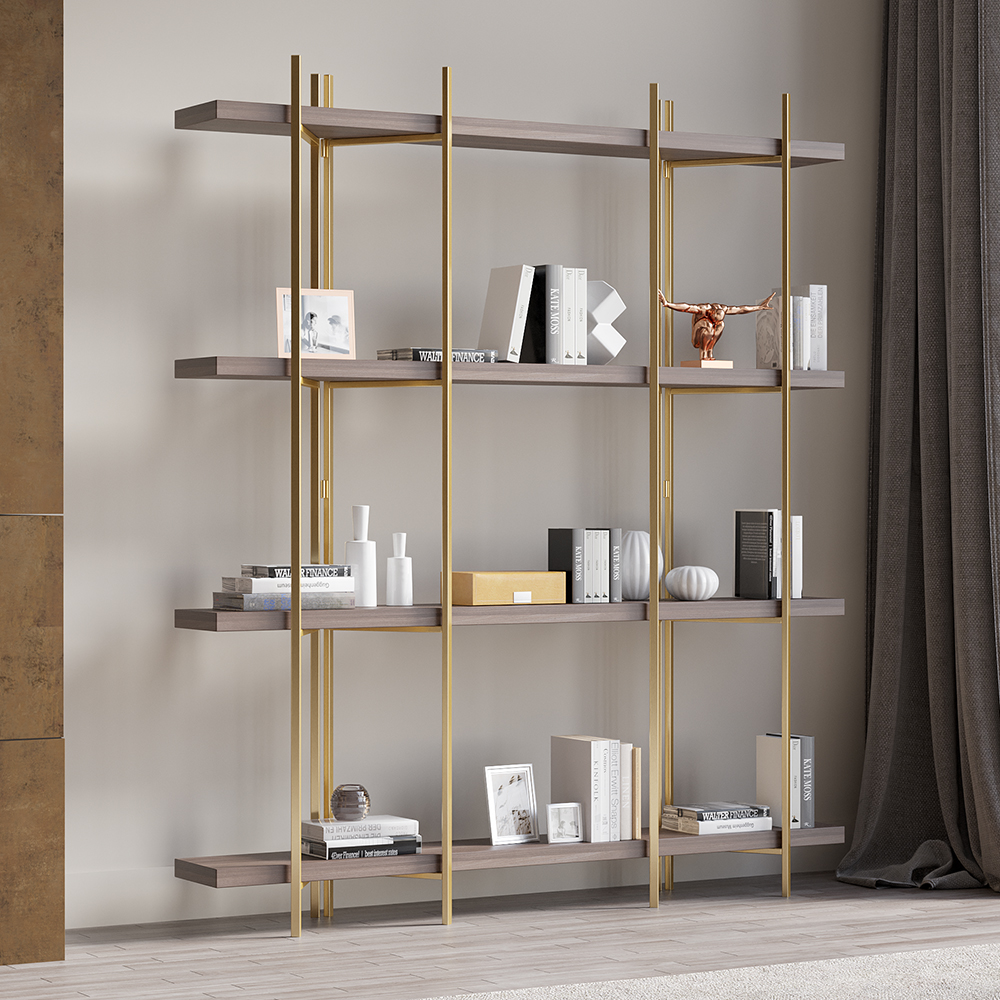 Modern 70.9" Standing Etagere Bookshelf with Open Storage in Walnut & Gold