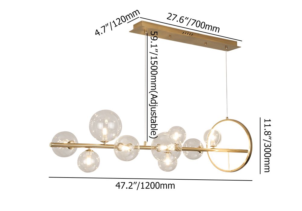 10-Light Modern Linear Kitchen Island Light in Gold with Glass Globe Shade
