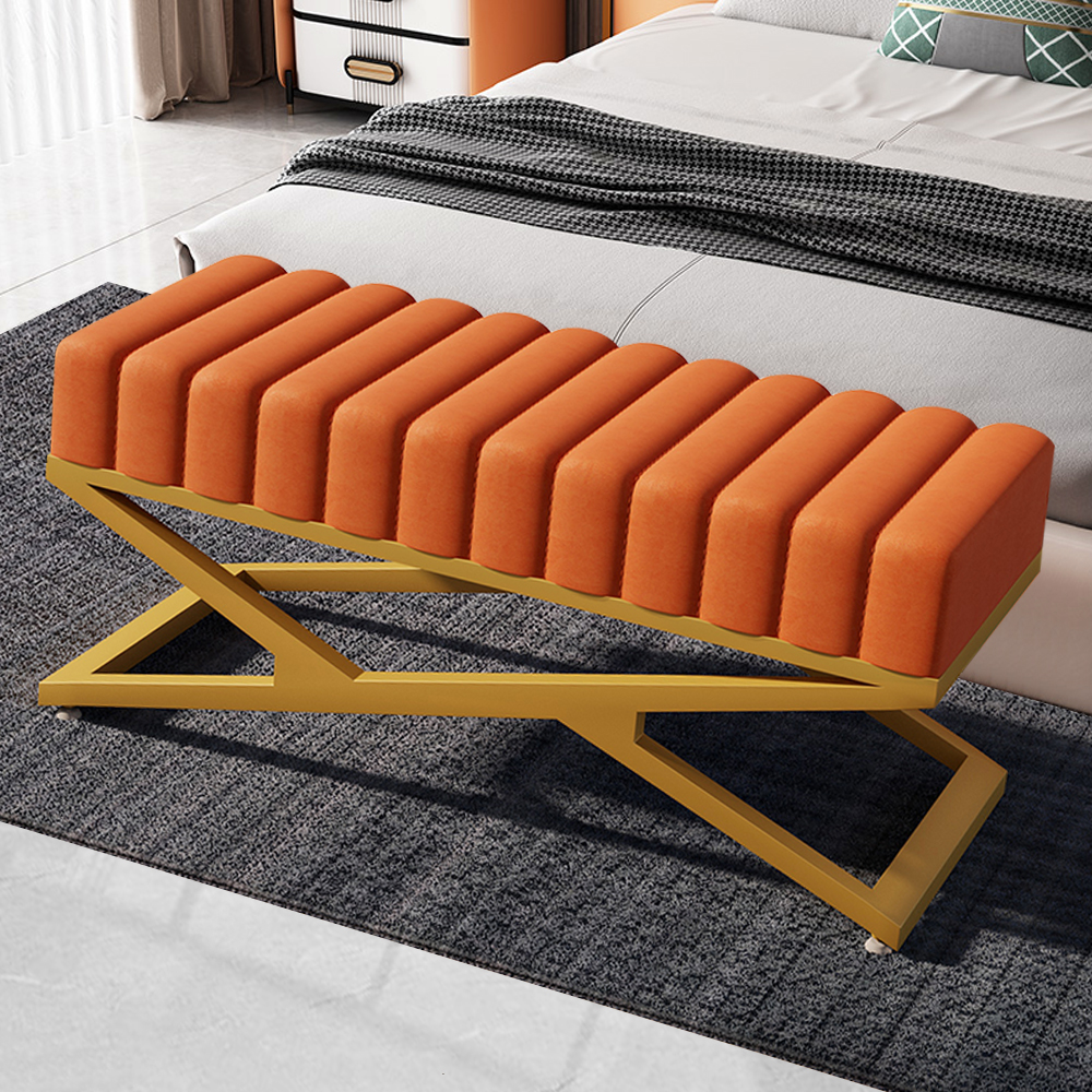 Modern Bedroom Bench Orange Velvet Upholstered Ottoman Bench in Gold X-Base