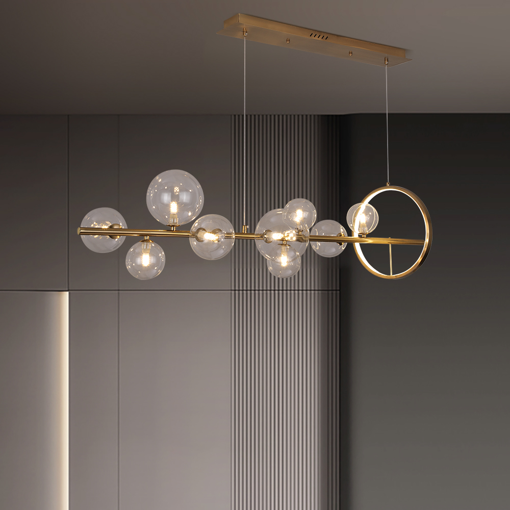 Image of 10-Light Modern Linear Kitchen Island Light in Gold with Glass Globe Shade