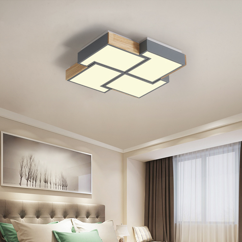 Modern Square LED Flush Mount Ceiling Light Wood and Metal Acrylic