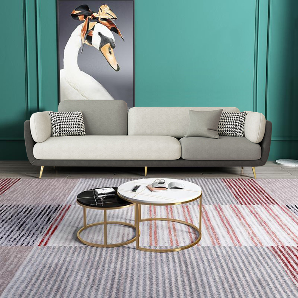 Sofá tapizado gris de 2250 mm, 4 plazas, moderno, dorado, para sala de estar