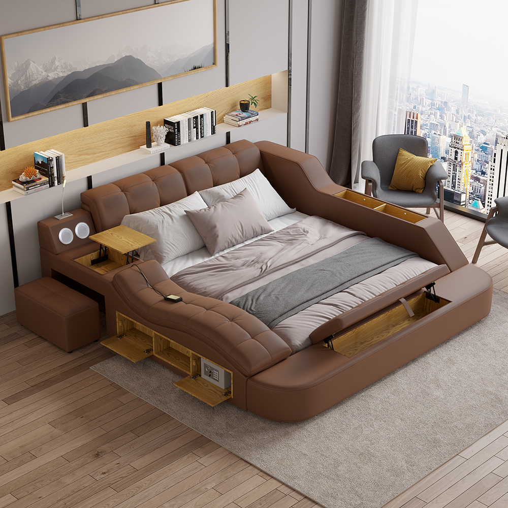 Image of Brown Smart Bed King Size Tufted Platform Bed with Massage, Storage & Speaker