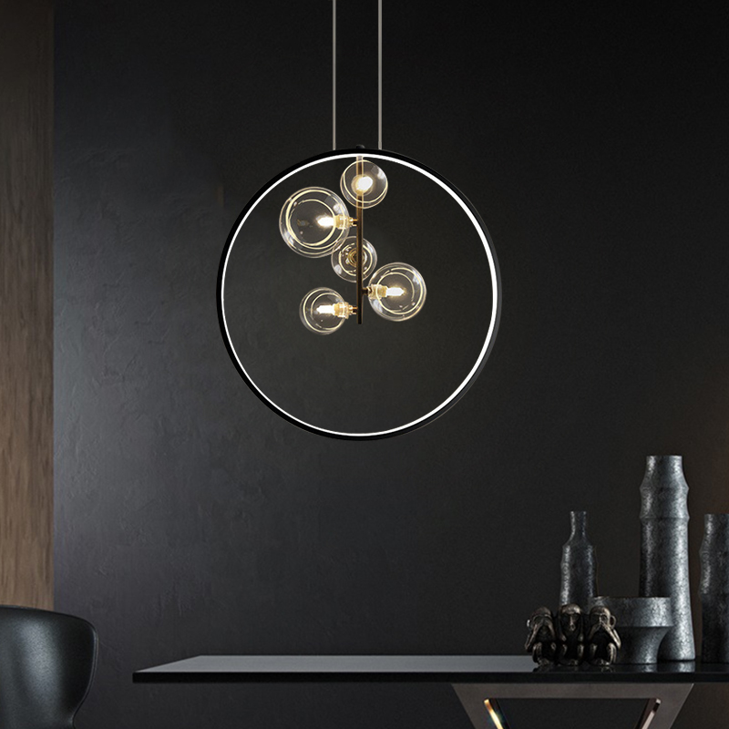Black Pendant Light Minimalist Glass Globe LED 5-Light for Dining Room
