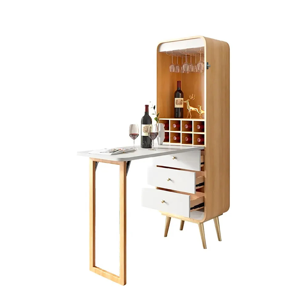 Foldable Bar Cabinet Convertible with Wine Rack & Table & 3 Drawers