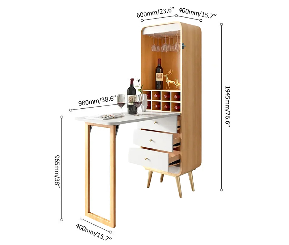 Foldable Bar Cabinet Convertible with Wine Rack & Table & 3 Drawers