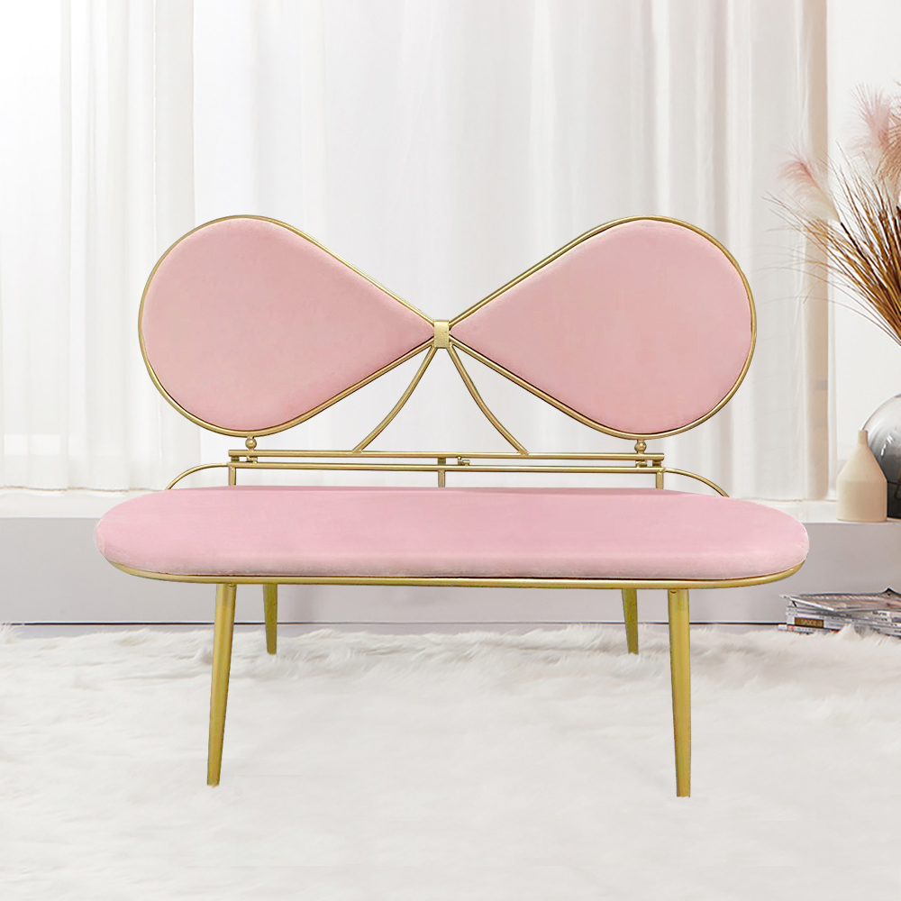 Image of Pink 49" Bowknot Loveseat Velvet Upholstered Sofa in Gold Legs
