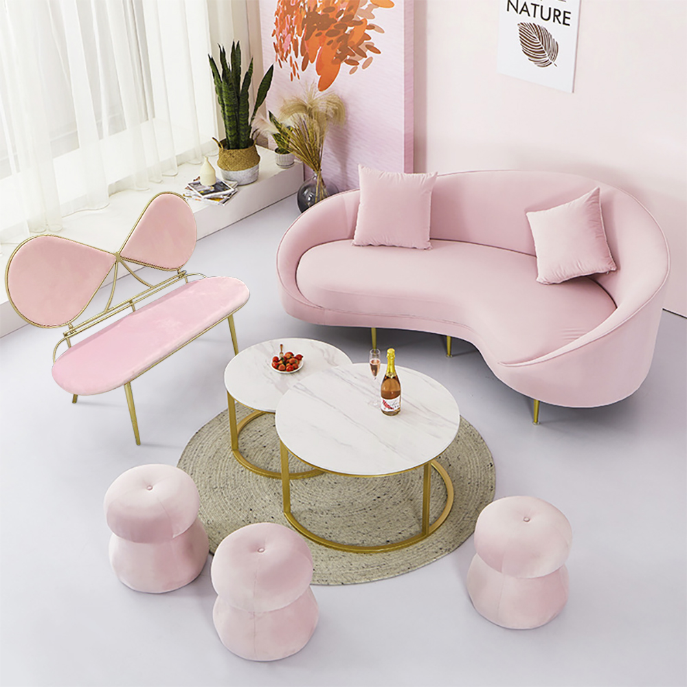 Pink 1250mm Bowknot Loveseat Velvet Upholstered Sofa in Gold Legs