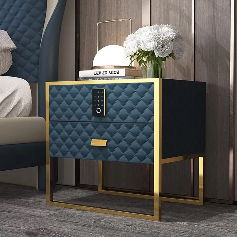 Blue 2 Drawers Bedroom Nightstand with Electronic Lock Stainless Steel Base