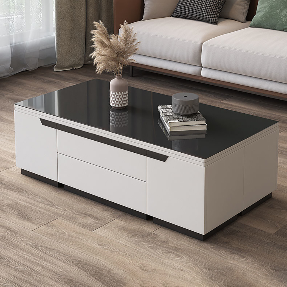 Modern White Lift Top Glass Coffee Table with Drawers & Storage Multifunction Table