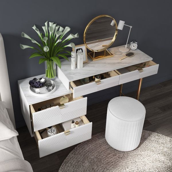 Modern White Makeup Vanity Set Stone Top Extendable Dressing Table With 4 Drawers Mirror Stool Cabinet Included Homary