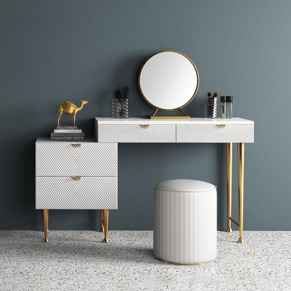 Modern White Makeup Vanity Set Stone Top Extendable Dressing Table With 4 Drawers Mirror Stool Cabinet Included Homary