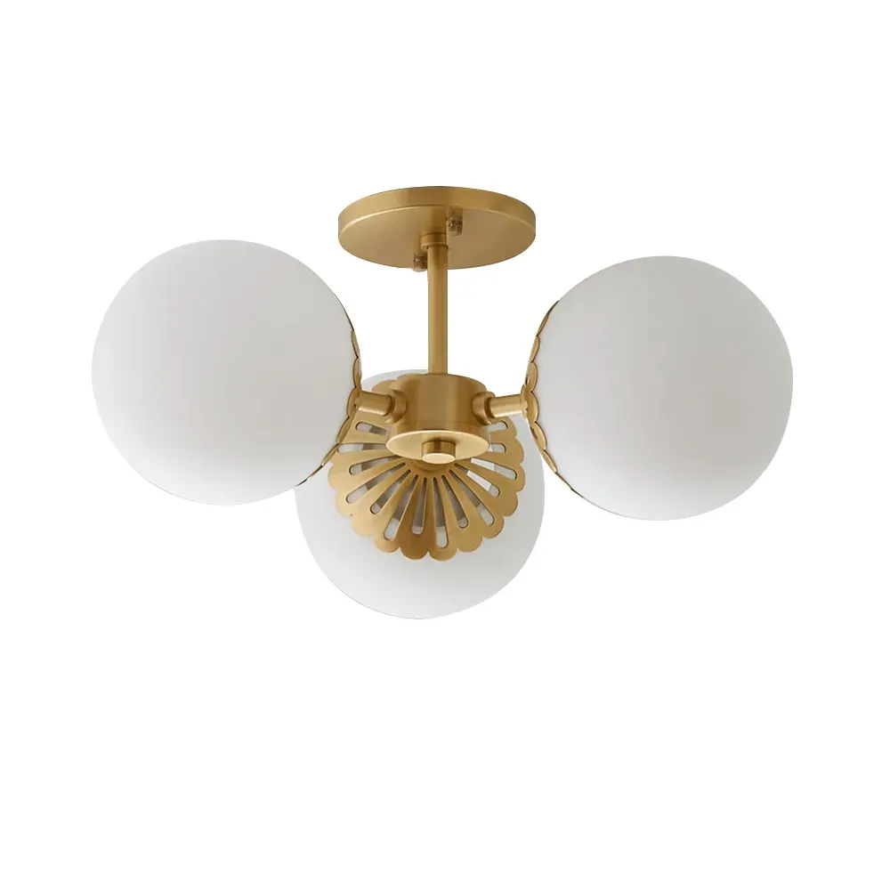 Worldgle Modern Gold 3-Light Semi Flush Mount Light with White Round Glass Globe Shade