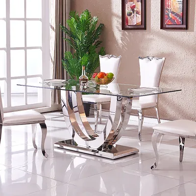 1800mm Contemporary Rectangle Tempered, Glass And Stainless Dining Table Set
