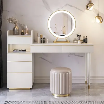 Off White Makeup Vanity Set Dressing, White Round Table Top Mirror Cabinets