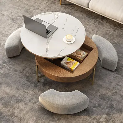 Round Lift Top Wood Stone Coffee Table, Round Pull Up Coffee Table