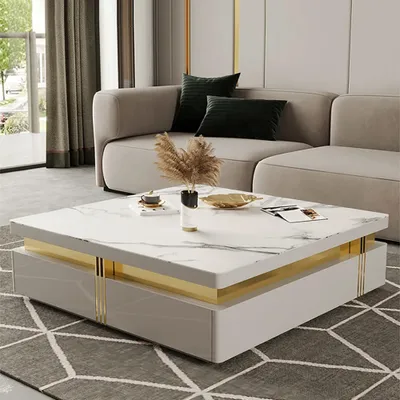 43 Modern White Square Storage Coffee, Stone Top End Tables With Storage