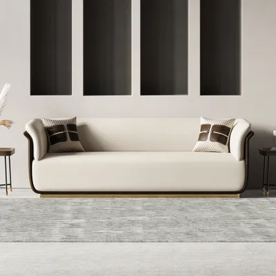 Modern Off White Brown Sofa For 3, Off White Microfiber Sofa