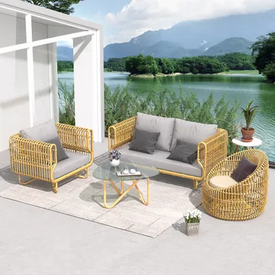 4 Pieces Rattan Outdoor Sofa Set With, Lakeside 3 Piece Outdoor Sofa Armless Chairs And Coffee Table Set