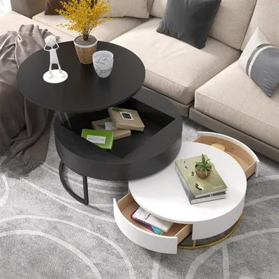 Modern Round Lift Top Nesting Wood, Modern Round Coffee Table With Storage Lift Top Wood In White Black