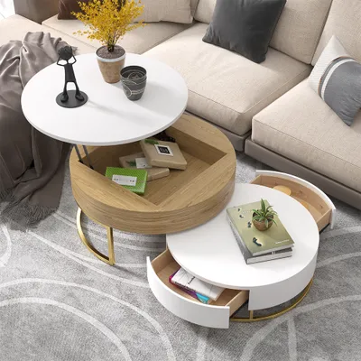 Modern Round Lift Top Nesting Wood, Modern Round Coffee Table With Storage Lift Top Wood In White Black