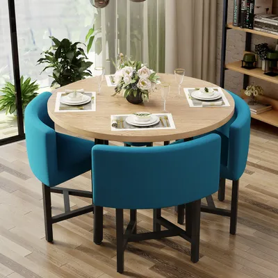 40 Round Wooden 4 Person Dining Table, Round Dining Room Table With Blue Chairs